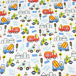 Baumwolle 100% Tiere in Fahrzeugen bunt auf weißem Hintergrund  