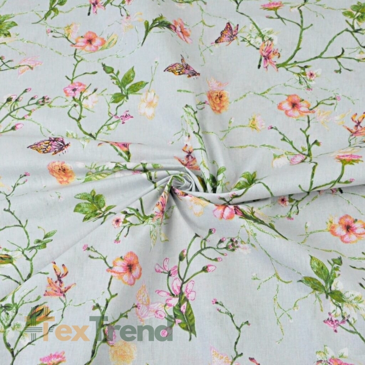Baumwolle 100% Kletterblumen mit Schmetterlingen auf hellgrauem Hintergrund  