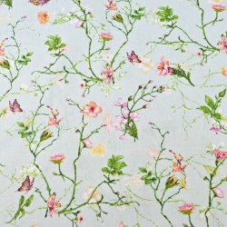 Baumwolle 100% Kletterblumen mit Schmetterlingen auf hellgrauem Hintergrund  