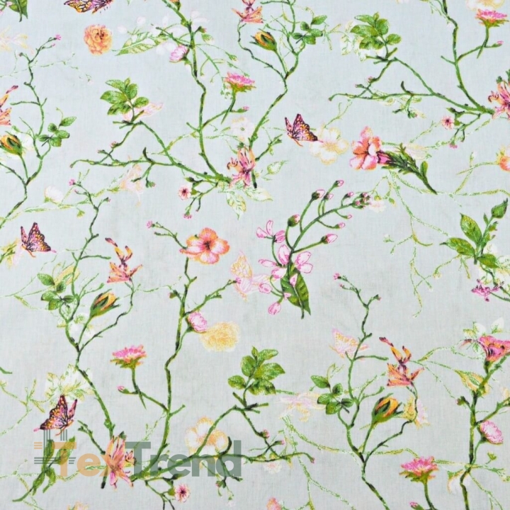 Baumwolle 100% Kletterblumen mit Schmetterlingen auf hellgrauem Hintergrund  