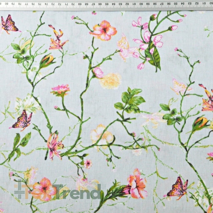Baumwolle 100% Kletterblumen mit Schmetterlingen auf hellgrauem Hintergrund  