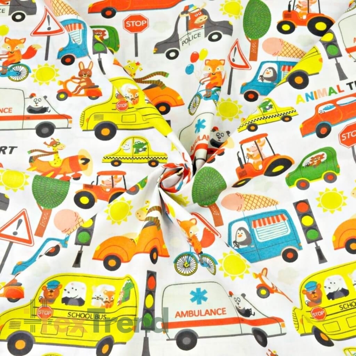 Baumwolle 100% bunte Tiere Tiertransport auf weißem Hintergrund  