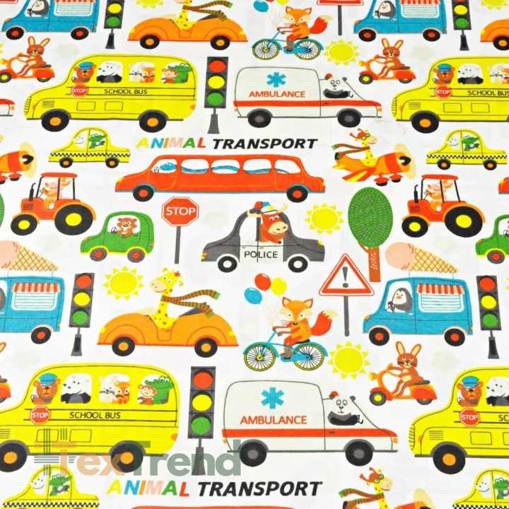 Baumwolle 100% bunte Tiere Tiertransport auf weißem Hintergrund  