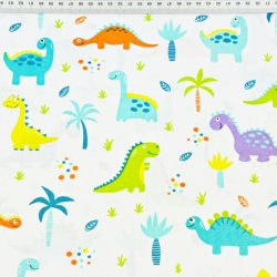 Baumwolle 100% Dinosaurier orange-lila mit Palmen auf weißem Hintergrund  