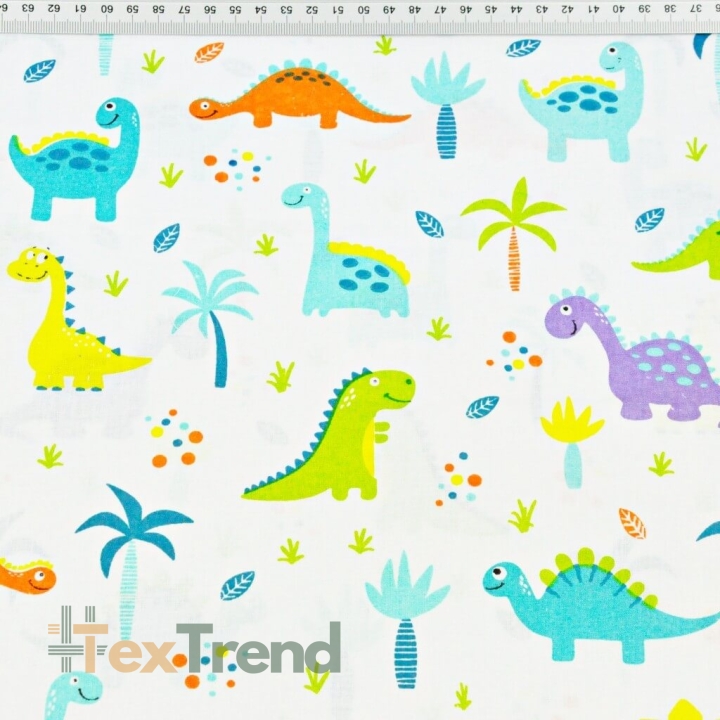 Baumwolle 100% Dinosaurier orange-lila mit Palmen auf weißem Hintergrund  