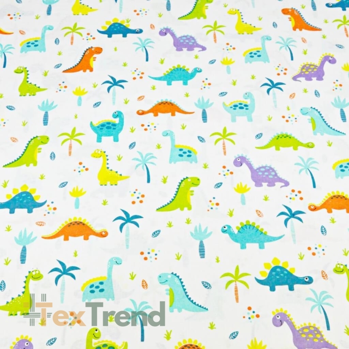Baumwolle 100% Dinosaurier orange-lila mit Palmen auf weißem Hintergrund  