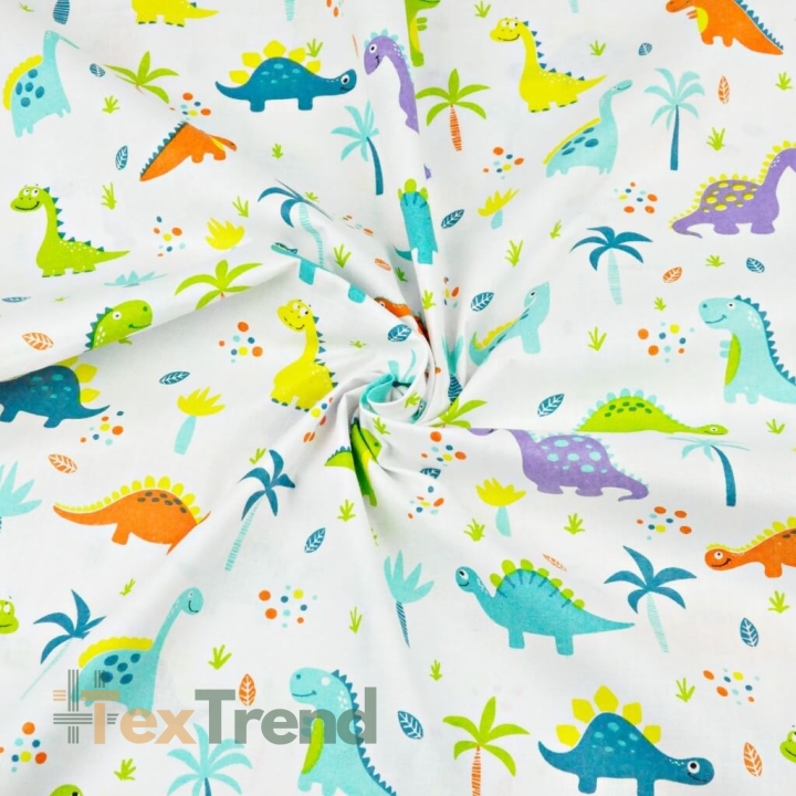 Baumwolle 100% Dinosaurier orange-lila mit Palmen auf weißem Hintergrund  