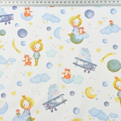 Baumwolle 100% Prinzessinnen mit Füchsen auf Wolken auf weißem Hintergrund  