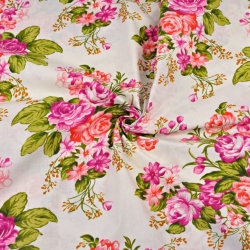 Baumwolle 100% Blumen fuchsia und rote Rosen auf ecrufarbenem Hintergrund  