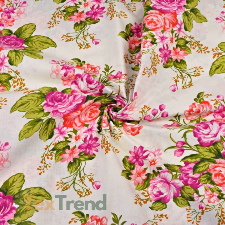 Baumwolle 100% Blumen fuchsia und rote Rosen auf ecrufarbenem Hintergrund  