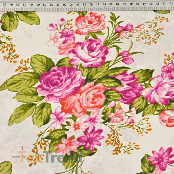 Baumwolle 100% Blumen fuchsia und rote Rosen auf ecrufarbenem Hintergrund  