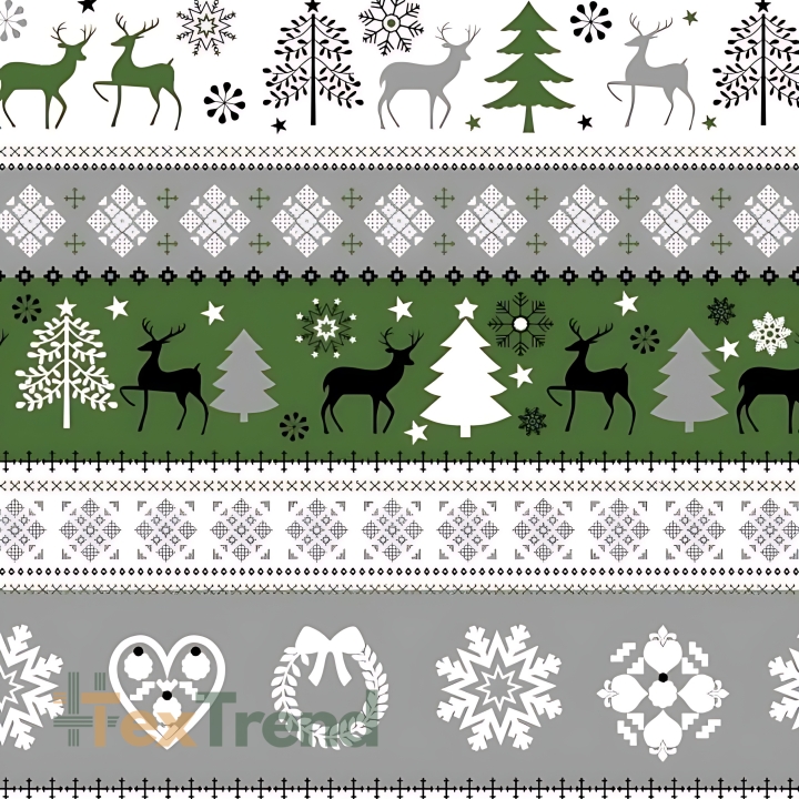 Baumwolle 100% Weihnachtsmuster Pullover grün-grau-schwarz auf weißem Hintergrund  