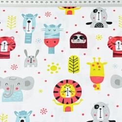 Baumwolle 100% bunte Tierköpfe auf weißem Hintergrund  