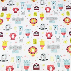 Baumwolle 100% bunte Tierköpfe auf weißem Hintergrund  