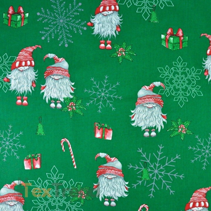 Baumwolle 100% Weihnachtsmuster Wichtel im Paar mit Schneeflocken auf grünem Hintergrund  