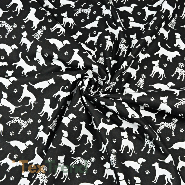 Baumwolle 100% Hunde weiß auf schwarzem Hintergrund  