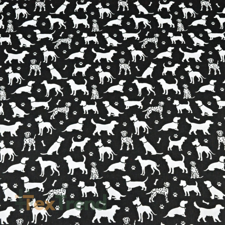 Baumwolle 100% Hunde weiß auf schwarzem Hintergrund  