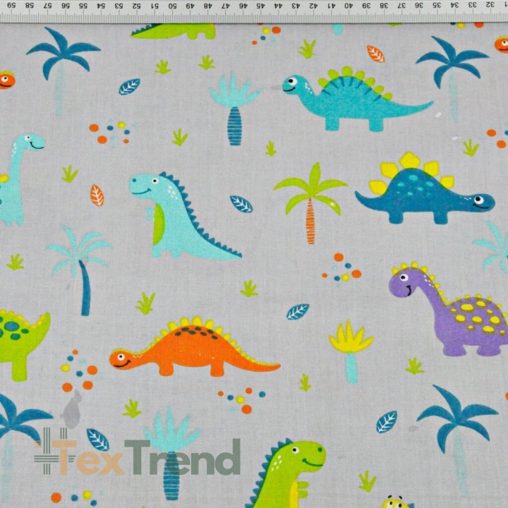 Baumwolle 100% Dinosaurier orange-lila mit Palmen auf grauem Hintergrund  
