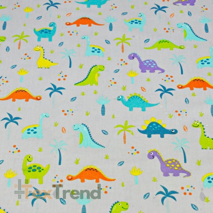 Baumwolle 100% Dinosaurier orange-lila mit Palmen auf grauem Hintergrund  