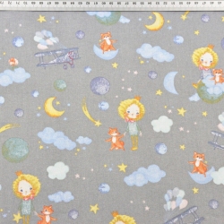 Baumwolle 100% Prinzessinnen mit Füchsen auf Wolken auf grauem Hintergrund  