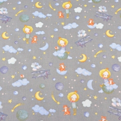 Baumwolle 100% Prinzessinnen mit Füchsen auf Wolken auf grauem Hintergrund  