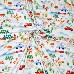 Jersey Druck digital - bunte Stadt auf weißem Hintergrund  