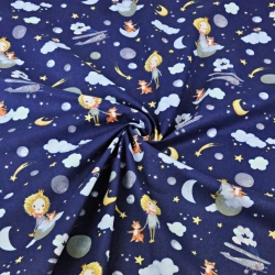 Baumwolle 100% Prinzessinnen mit Füchsen auf Wolken auf dunkelblauem Hintergrund  