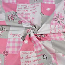 Baumwolle 100% Patchwork Tiere grau-rosa auf weißem Hintergrund  