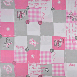 Baumwolle 100% Patchwork Tiere grau-rosa auf weißem Hintergrund  