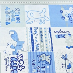 100% Baumwolle - Patchwork Tiere in blau-grau auf weißem Hintergrund  