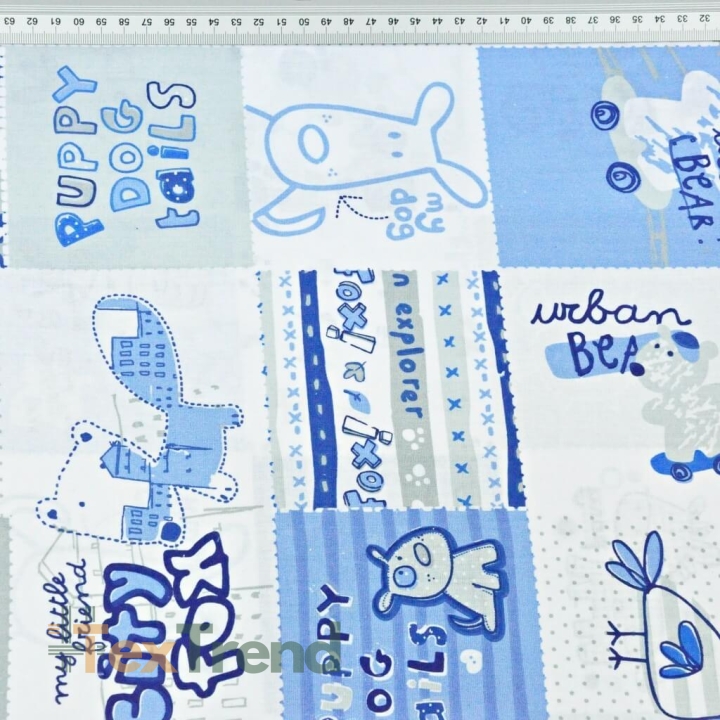 100% Baumwolle - Patchwork Tiere in blau-grau auf weißem Hintergrund  