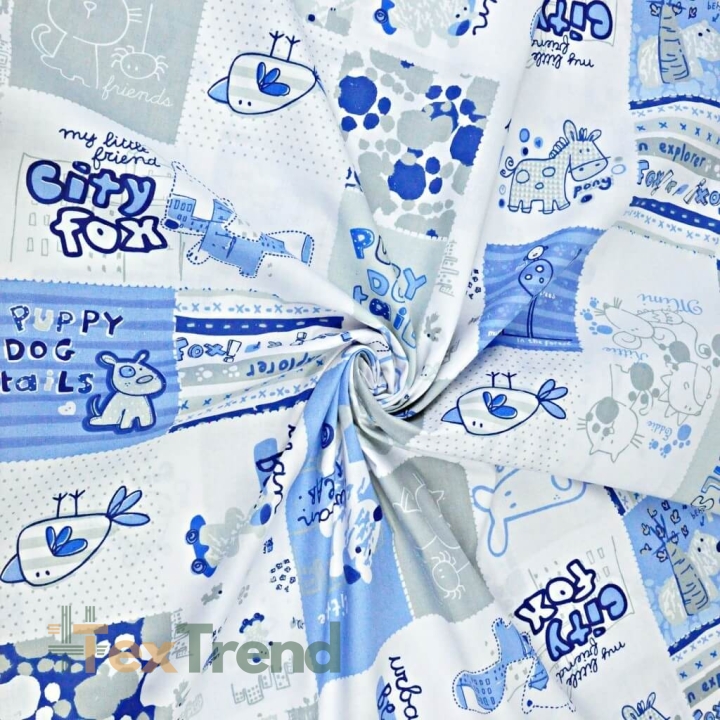100% Baumwolle - Patchwork Tiere in blau-grau auf weißem Hintergrund  