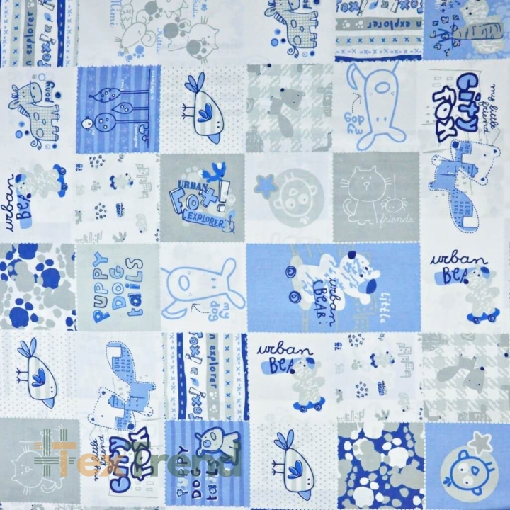 100% Baumwolle - Patchwork Tiere in blau-grau auf weißem Hintergrund  