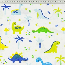 Baumwolle 100% Dinosaurier blau-grün mit Palmen auf weißem Hintergrund  