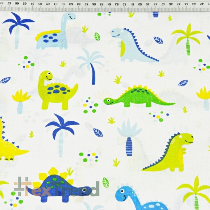 Baumwolle 100% Dinosaurier blau-grün mit Palmen auf weißem Hintergrund  