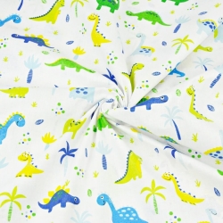 Baumwolle 100% Dinosaurier blau-grün mit Palmen auf weißem Hintergrund  