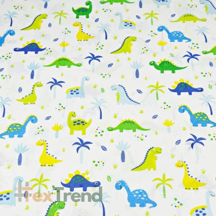 Baumwolle 100% Dinosaurier blau-grün mit Palmen auf weißem Hintergrund  