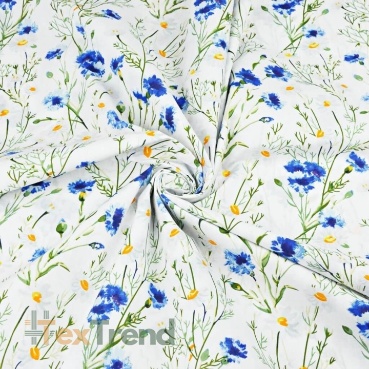 Baumwolle 100% Blumen Kornblumen und Kamille auf weißem Hintergrund 220cm  