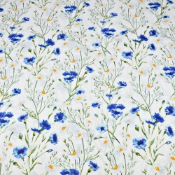 Baumwolle 100% Blumen Kornblumen und Kamille auf weißem Hintergrund 220cm  