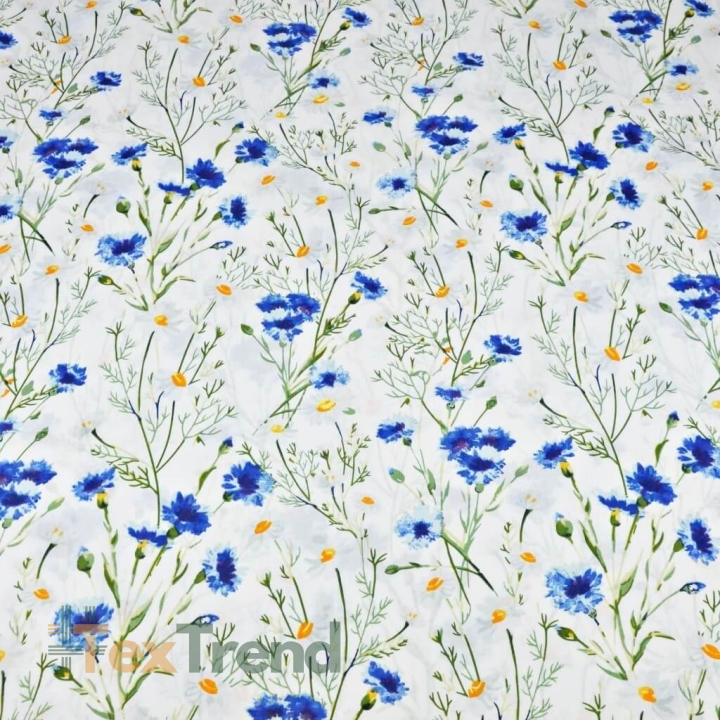Baumwolle 100% Blumen Kornblumen und Kamille auf weißem Hintergrund 220cm  