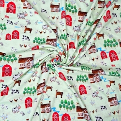 Jersey Druck digital - Tiere auf dem Land auf hellgrünem Hintergrund  