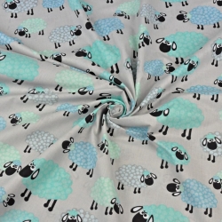 Baumwolle 100% blau-mintfarbene Schafe mit Punkten auf grauem Hintergrund  