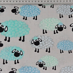 Baumwolle 100% blau-mintfarbene Schafe mit Punkten auf grauem Hintergrund  