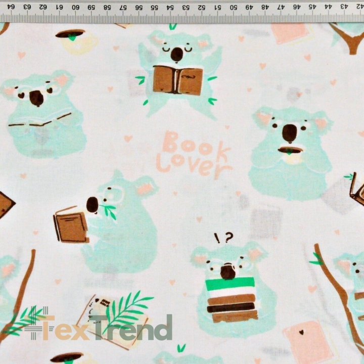 Baumwolle 100% Koala-Bären mint in der Bibliothek auf weißem Hintergrund  