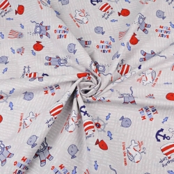 Baumwolle 100% Taucherbären blau-rot auf grauem Hintergrund  