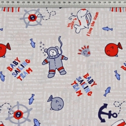 Baumwolle 100% Taucherbären blau-rot auf grauem Hintergrund  