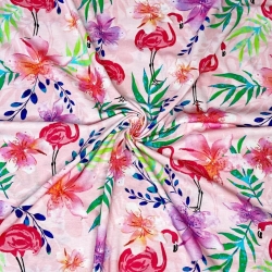 Jersey Druck digital - Flamingos in Blättern und Blumen auf rosa Hintergrund  