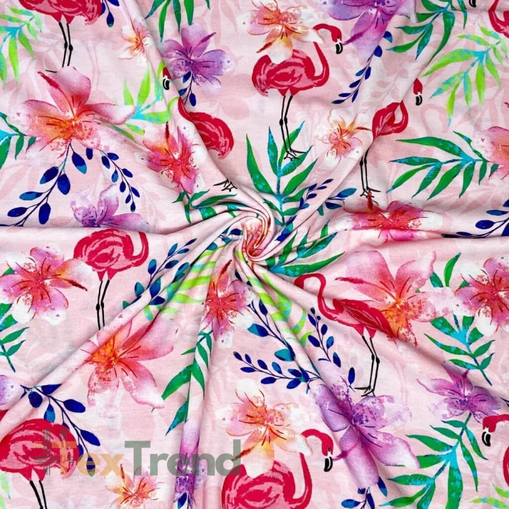 Jersey Druck digital - Flamingos in Blättern und Blumen auf rosa Hintergrund  