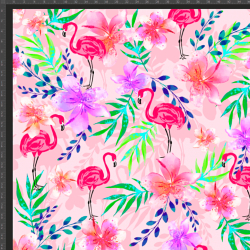 Jersey Druck digital - Flamingos in Blättern und Blumen auf rosa Hintergrund  