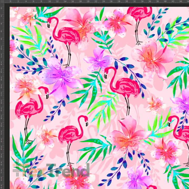 Jersey Druck digital - Flamingos in Blättern und Blumen auf rosa Hintergrund  